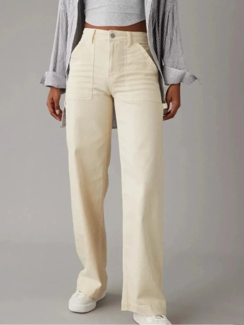 NWT American Eagle Super High Rise Baggy Wide Leg Jeans 8 Long Ivory Carpenter